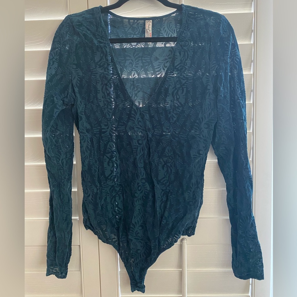 Free People Teal Lace Long-Sleeve Bodysuit